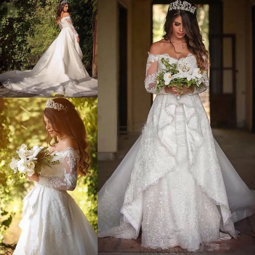 New Country Lace Wedding Dress Off Ombro Mangas compridas Applique Corte de Tiered Trem Nupcial Vestidos Vestidos