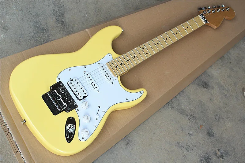 Light Yellow Electric Guitar with White Pickguard,3S Pickups, Maple Fretboard,Floyd Rose,offering customized services