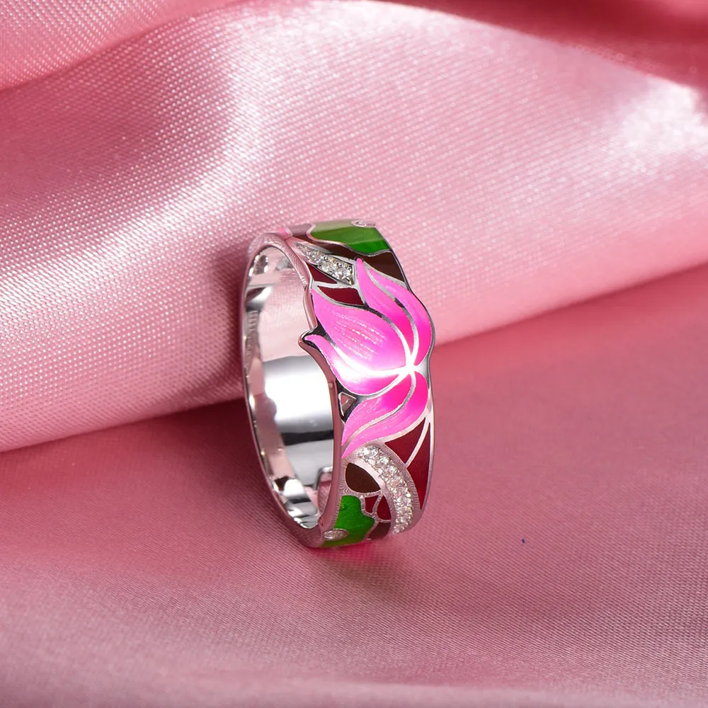RainMarch Bohemian Enamel Lotus Flower Silver Ring For Women 925 Sterling Silver Ring Engagement Party Handmade Jewelry S18101608