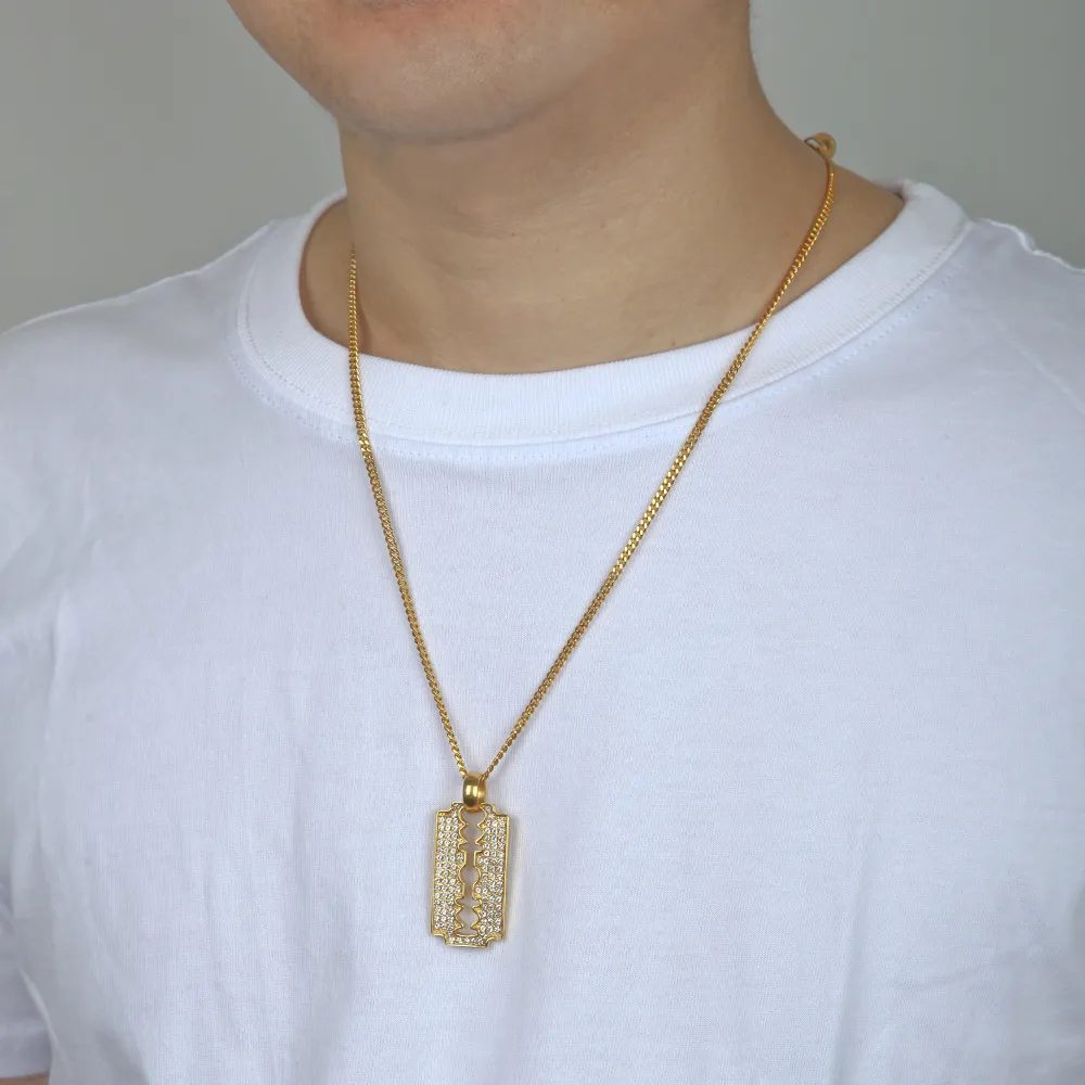 Vraiment en acier inoxydable en acier inoxydable en or pour hommes Iced out collier pendentif à lame de rasoir cz avec chaîne de liaison Cuba de 3 mm 24 pouces Hip Hop