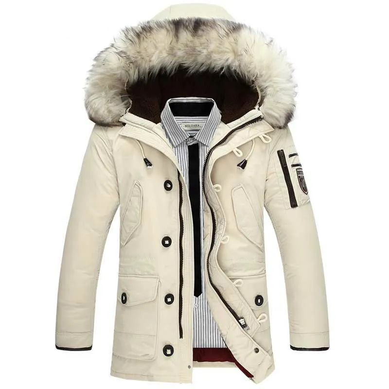 Giacca invernale Uomo Pelliccia di procione con cappuccio Piumini bianchi Parka caldo Giacca a vento Capispalla Giacche Beige Nero Arancione Tasche multiple