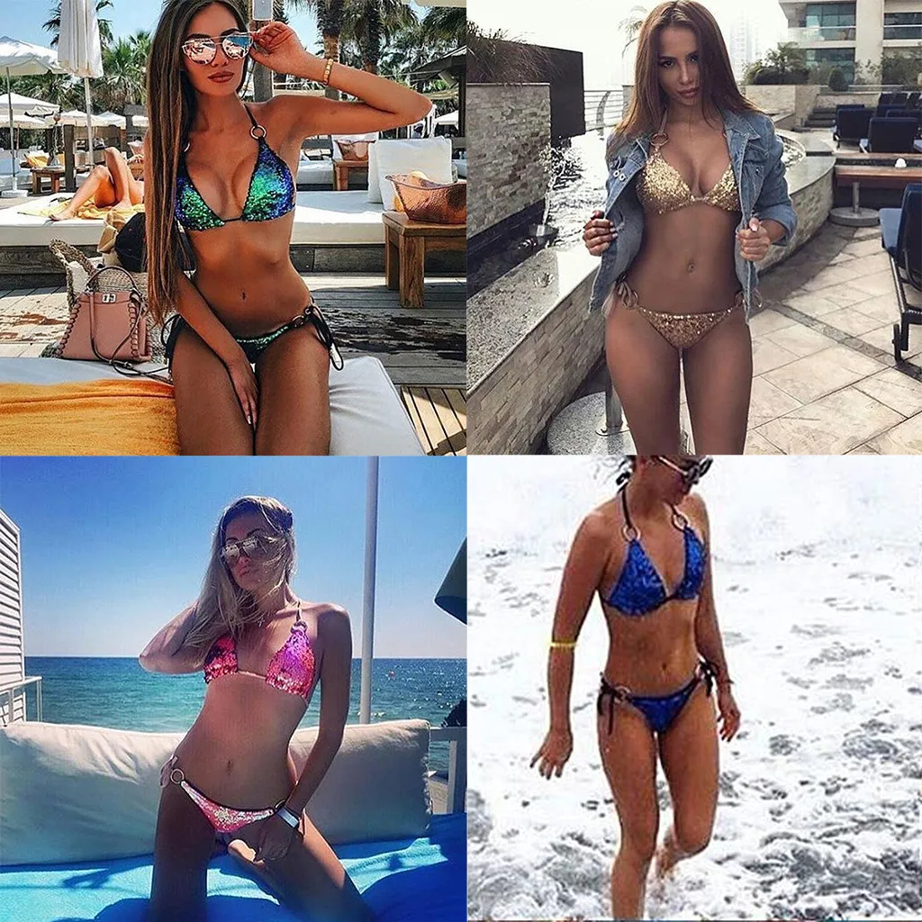 2018 Nowy Seksowny Bikini Zestaw Z Soft Bar-Pad Cekiny Swimwear Sexy Kolorowe 4 kolory Bling Style Jasny strój kąpielowy Shining Bikinis