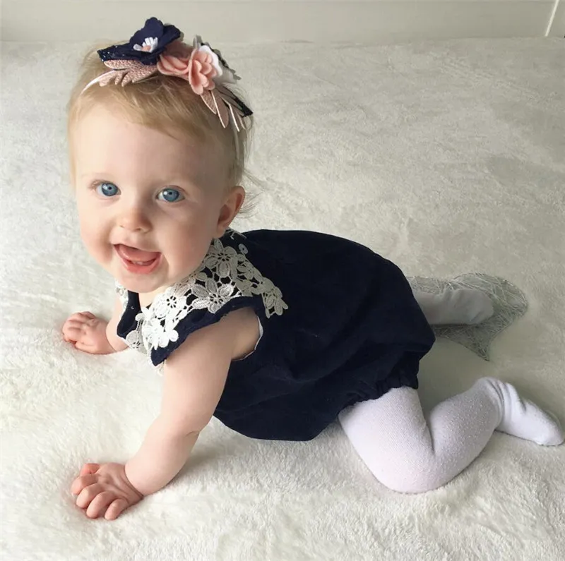 Newborn Baby Girl Clothes Navy Blue Romper Jumpsuit Sleeveless Lace Flower Sunsuit Playsuit Outfits Summer Kids Infant Toddler Girl Clothing