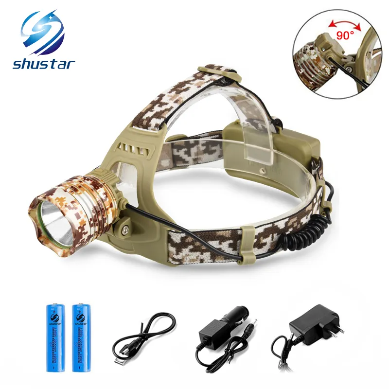 Shustar 3800LM T6 LED Headlamp strålkastare Camouflage LED Head Lamp Rechargeble Lantern Lamp Camping Vandring Fiske Ljus