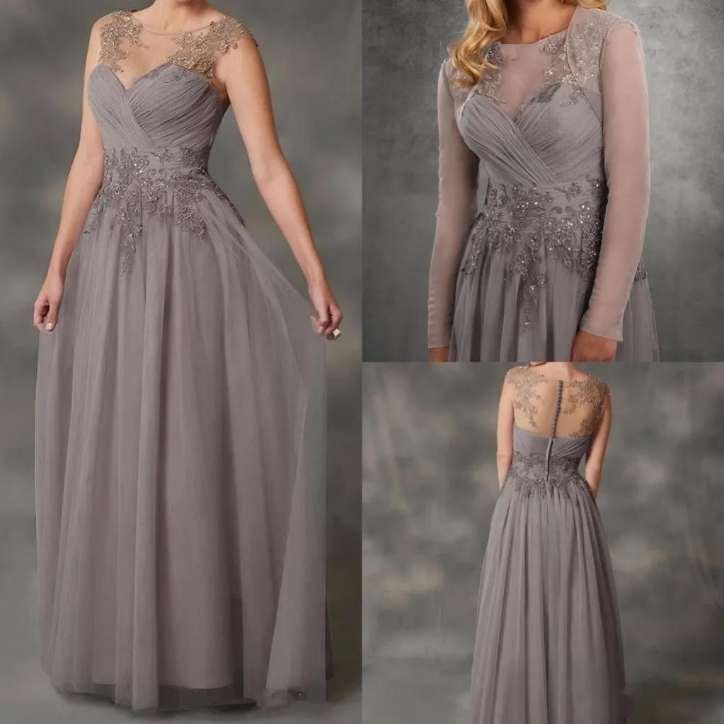 2019 New A-Line Gray Chiffon Mother Of The Bride Dresses Applique Lace Dresses Evening Wear Cheap Wedding Guest Dress With Jacket