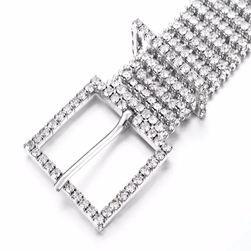 Unisex Metal Chain Elastic Belts Women Diamante Crystal Chain Belt 8 Rows Rhinestone Wide Bling Female Waist Belt