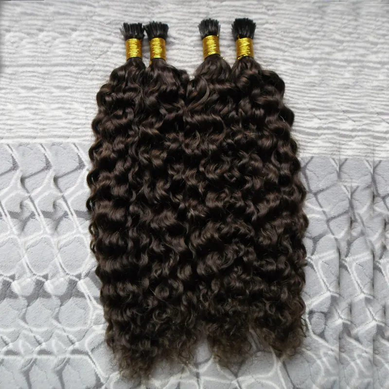 Nieprzetworzone Brazylijskie Kinky Curly Virgin Hair I Wskazówka Włosy Przedłużenie 200g / Nici Prebonded Human Hair Extensions # 2 Dickest Brown