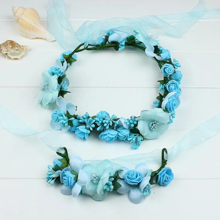 Set di braccialetti con ghirlanda di testa di corona di fiori di seta da donna bianca da i Set da sposa con fiori di schiuma artificiale da donna