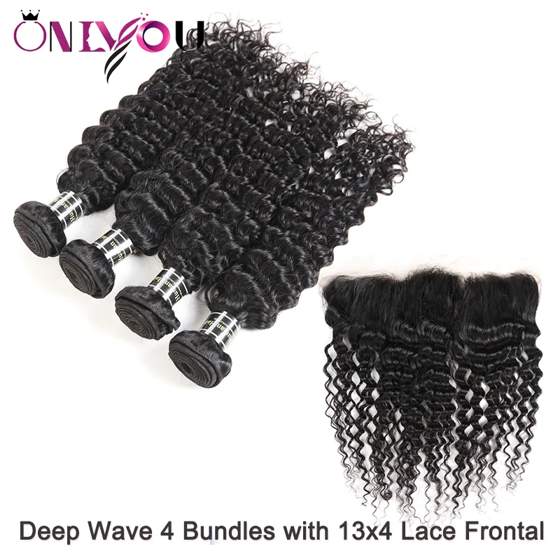 Cabelos encaracolados profundos 4 feixes com 13x4 LACE FRONTAL EAR EAR A EAR MAIS TELAÇÃO REMY CABELO HUMANO EXTENSions