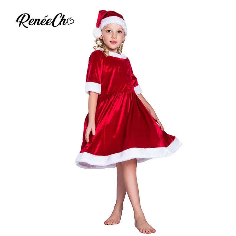 Reneecho 2018 Christmas Costume for Kids Santa Claus Dresses Girls Toddler Cosplay Children Holiday Halloween Outfit Hat Suit