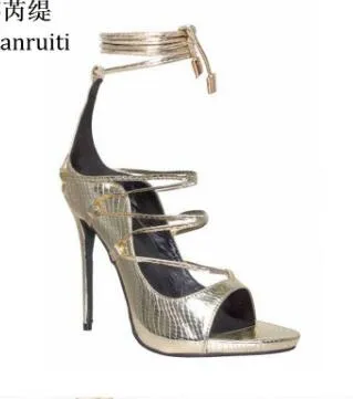 2018 or Faux cuir de serpent chaussures à talons hauts femmes découpes plate-forme gladiateur sandales Style Rome à lacets femmes pompes