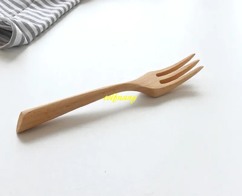 / parti 19cm Naturfärg Trigonometriskt handtag Träsked gaffeltråddon Condiment Utensil Kaffe Spoon Forks