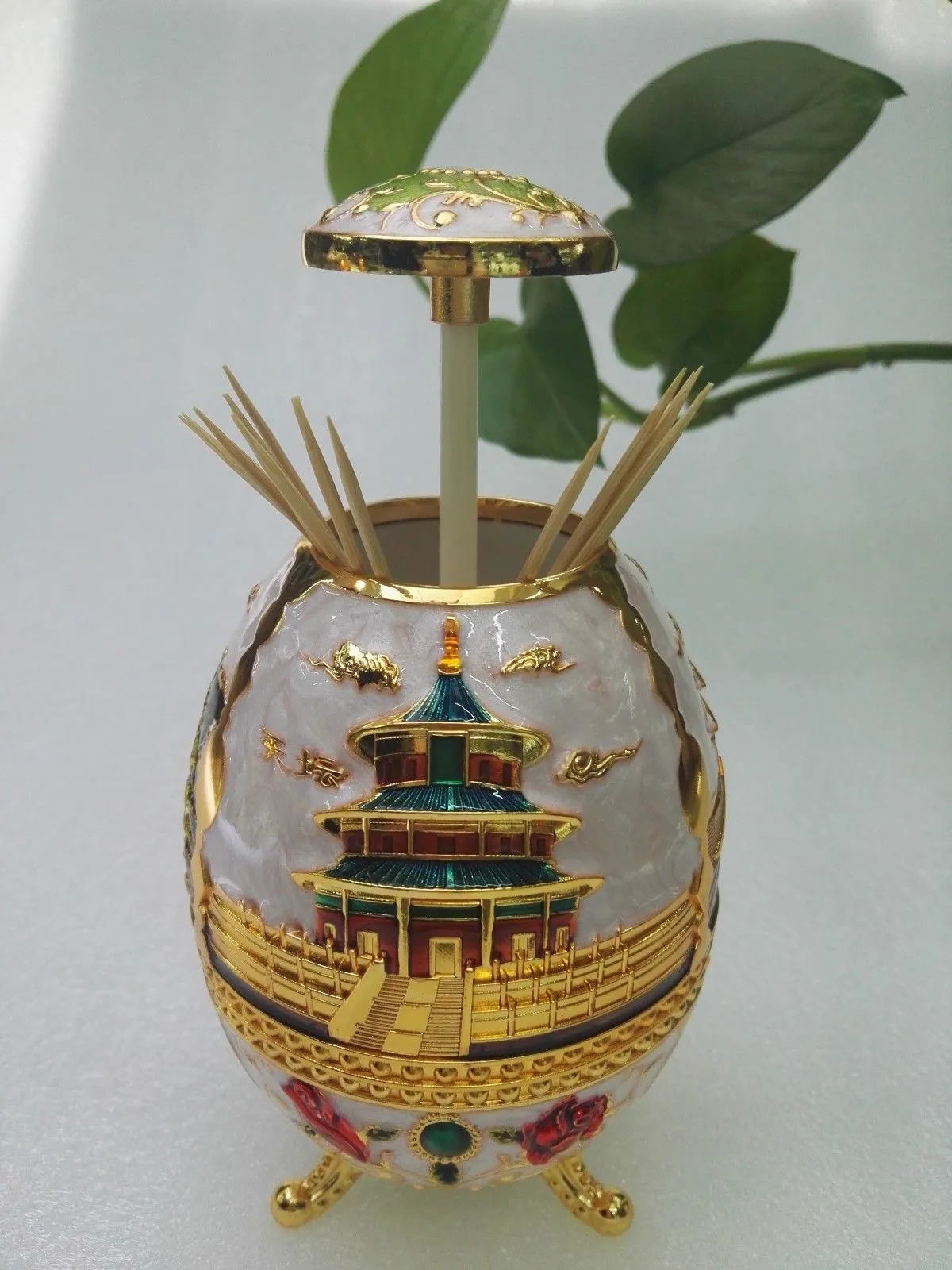 Clogibles Cloisonneレトロな自動歯ピックボックスメタルクラフト中国の歴史寺院