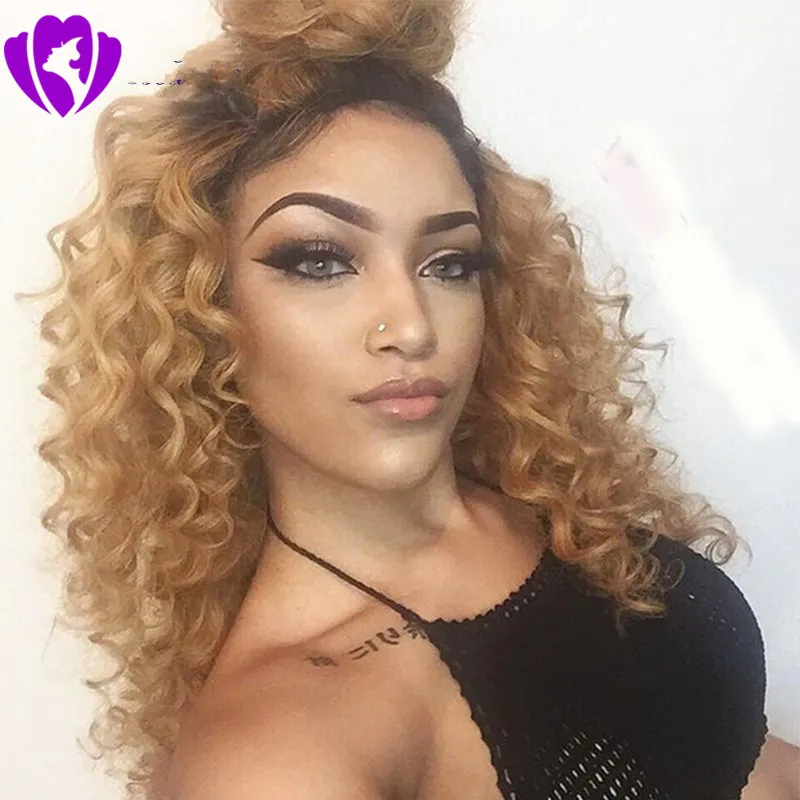 180 Dichte, verworrene, lockige synthetische Perücke, hitzebeständig, brasilianische Ombre-Blonde, volle Lace-Front-Perücken für Frauen mit Babyhaar