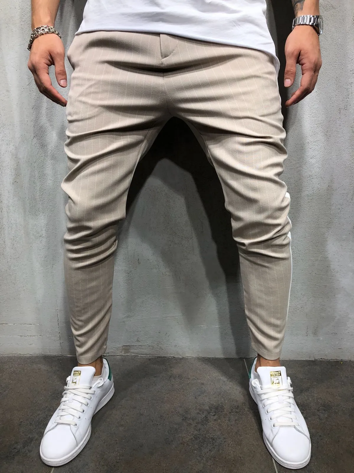 Men's Strip Pencil Pants Black Gray Casual Suit Pants Skinny Fit Panelled Colors Pants Free Shipping