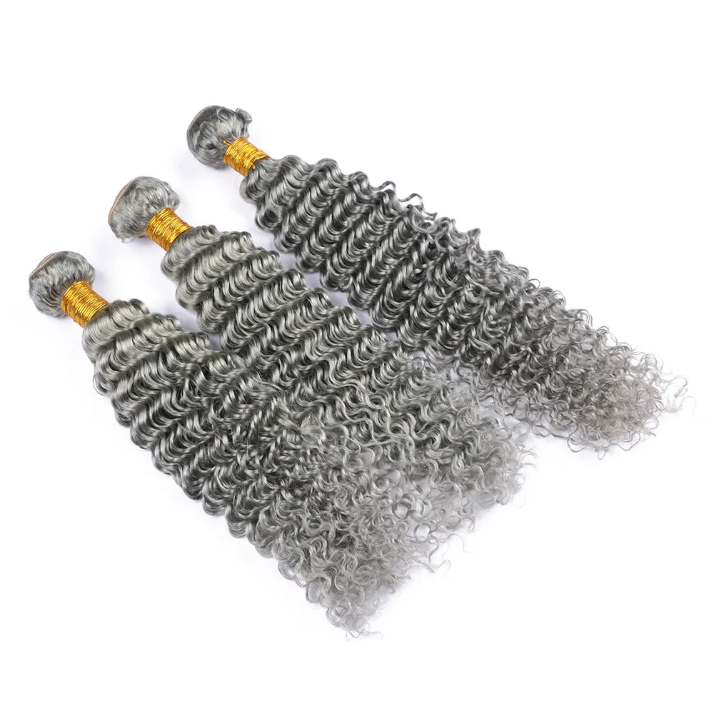 Nouvelle Arrivée Gris Cheveux Bundles 3 Pcs Brésiliens Vierges de Cheveux Humains Tisse Vague Profonde Bouclés Ondulés Gris Extension de Cheveux Ruban Gris Bundles