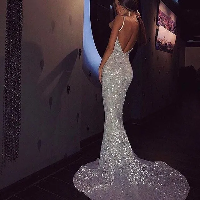 Luxe backless zeemeermin avondjurken Ellie Saab mouwloze sweep trein prom -jurken Sparkly pailletten Dubai Celebrity Party Prom 3641127