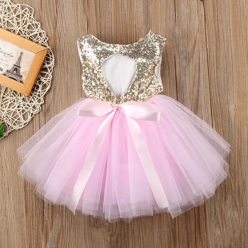 Voltar Oco Out Pequeno Meninas Vestidos de Moda Patchwork Compras Online Princesa Tulle Sequin Vestido de Prom 18032401