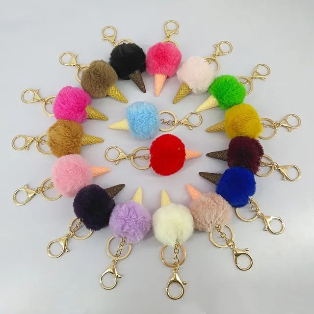 Ice Cream Key Chain - Cute Faux Fur Pom pom Keychain imitation Rex rabbit hair ball Car Key Ring For child Birthday Gift