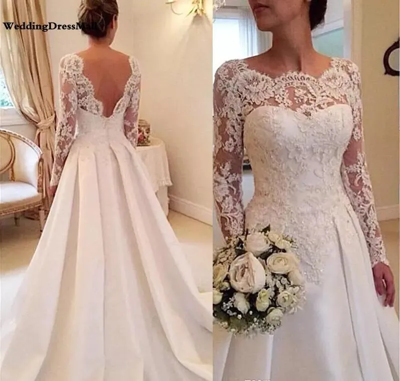 2019 vintage Trouwjurken A Line Sheer coquille hals lange mouwen Backless Lace applique en Satin Bridal Bruidsjurken rechtbank trein