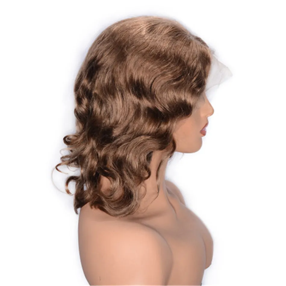 Brasilianska spetsfront peruker med babyh￥r #8 PRE PLUCKED Curly Human Hair Wig 12 Inch For Women