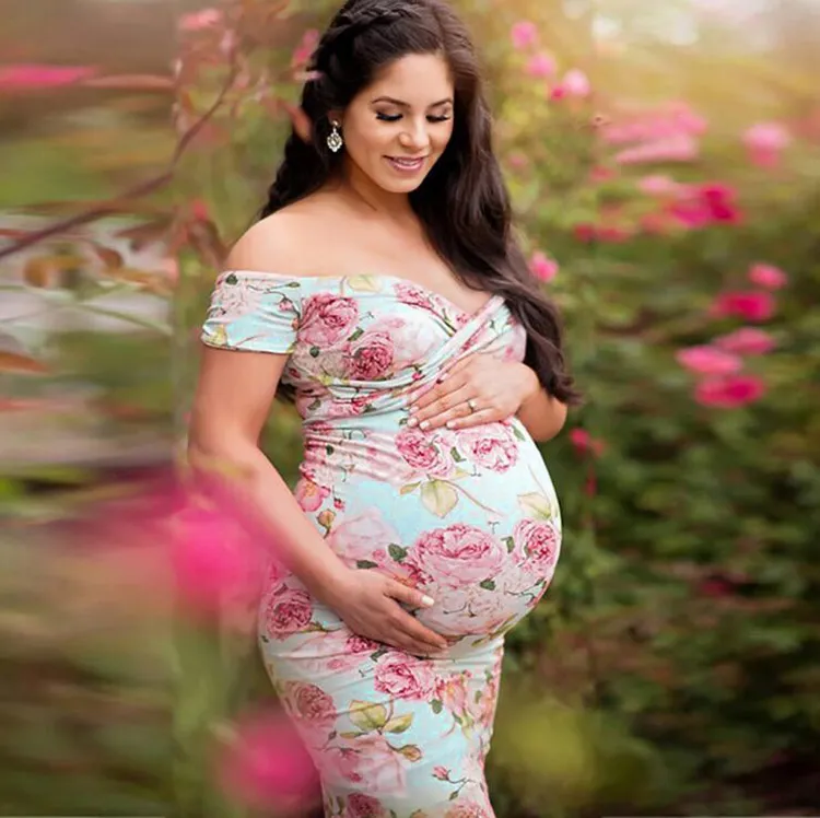 Vrouwen Zwangers Sexy Photography Props Off Schouders Print Nursing Large Dress Maternity Kleding Zomer Mode Moederschap Jurk