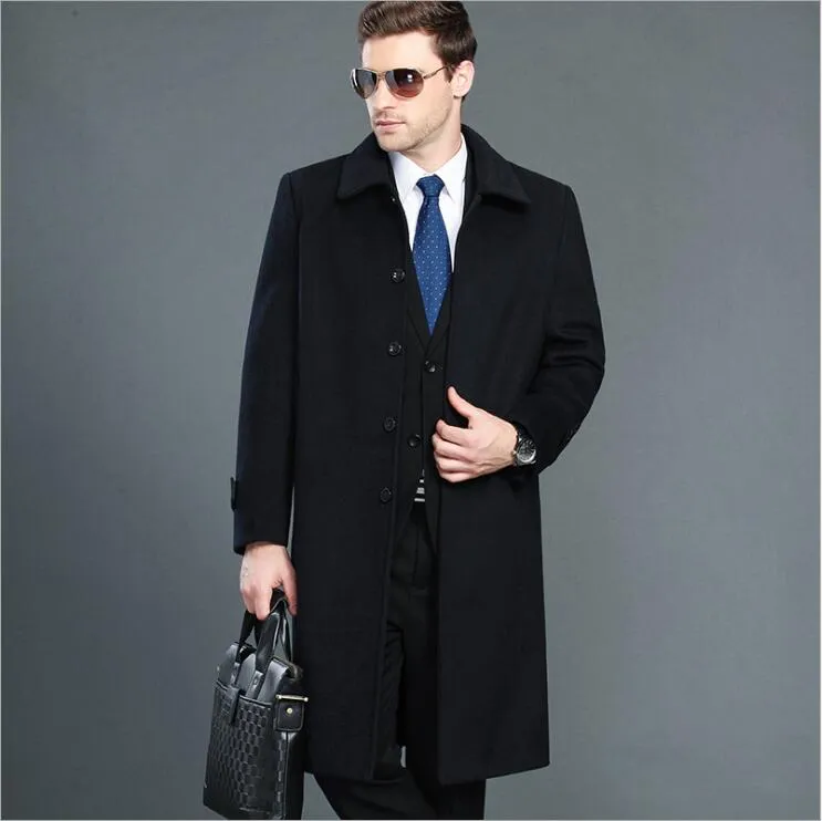 Vente directe d'usine Mode Hommes Sur Longue Veste Classique Tenue D'affaires automne hiver Mâle cachemire Laine Long trench-coat Noir Bleu Gris