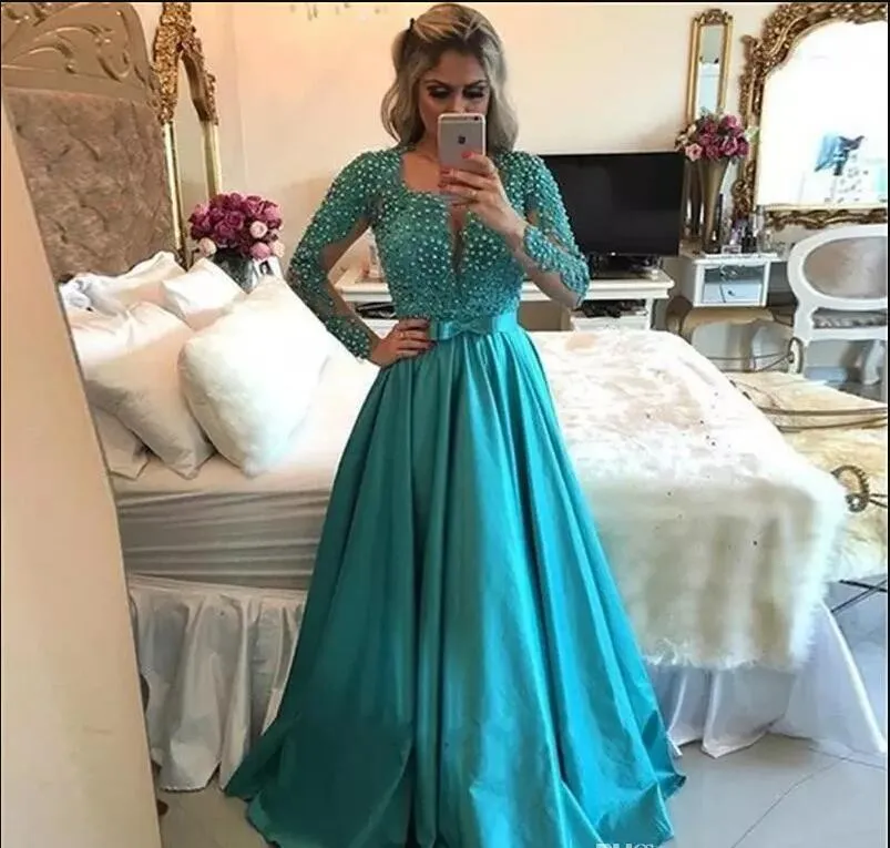 Robe de Soiree 2019 Styl Arabski Evening Prom Dresses Eleganckie Zroszony Koronki Długie Rękawy Suknie Wieczorowe