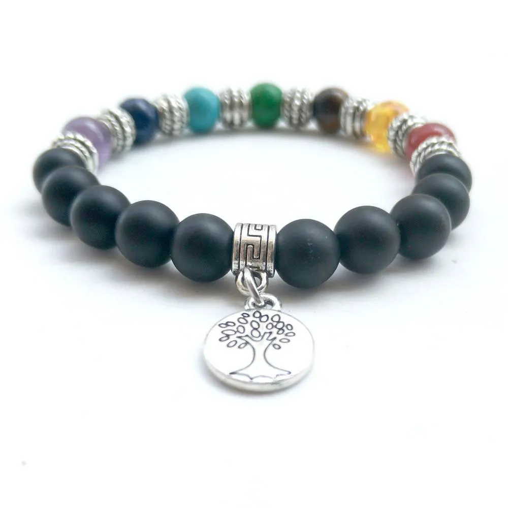 Tree Of Life OM Pendant Bracelet With Natural Black Agate Stone Charm ...