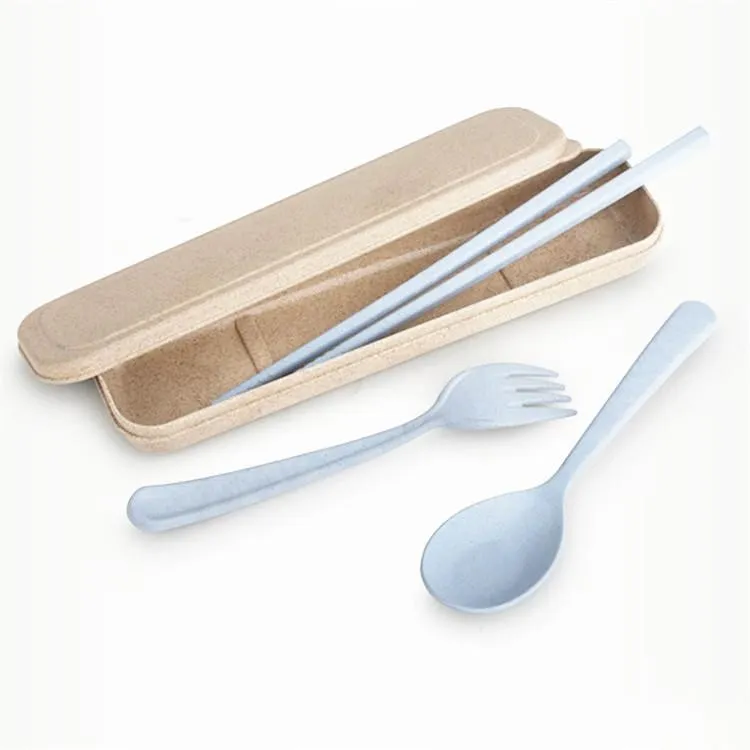 New Design Portable Wheat Straw Spoon Fork Chopsticks Set Tableware Eco-friendly Reusable Wheat Straw Travel Camping Cutlery Set