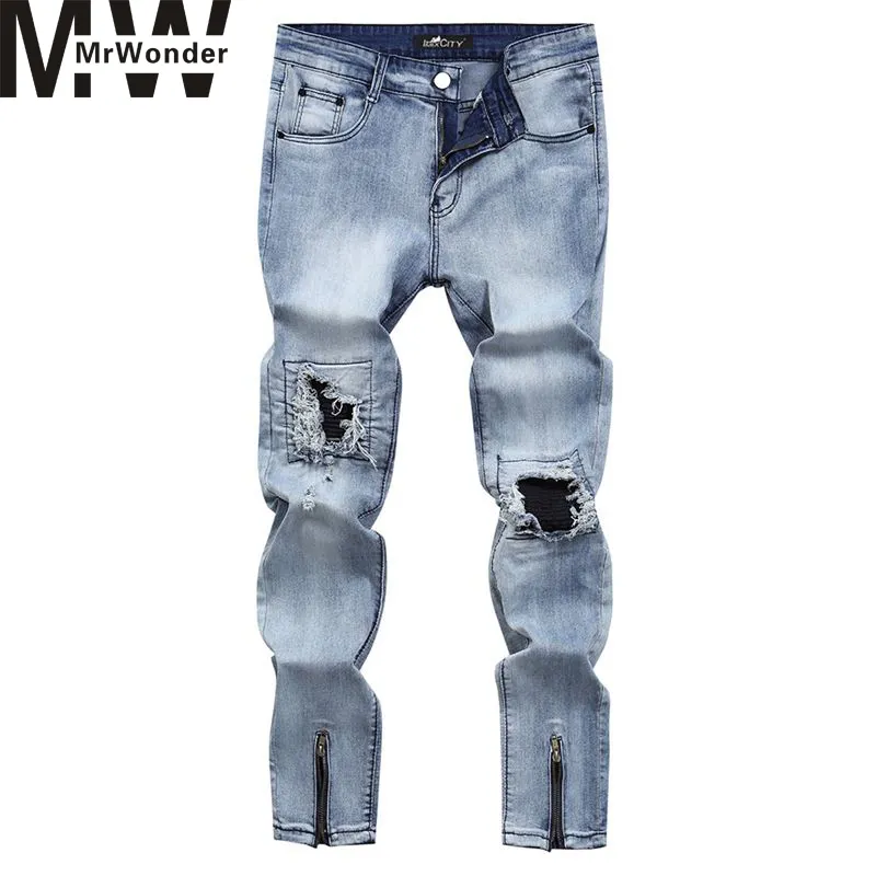Mrwonder Men Fashion Hardwearing Long Denim Pants Broken Hole Straight Jeans with Zipper Trim