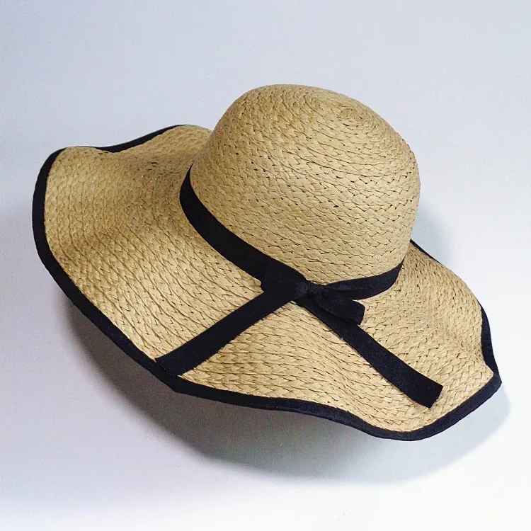 Wholesale Women Summer Sun Hats With Bowknot Wide Brim Hats Straw Falbala Beach Hats Girl Nice Gift Free Ship