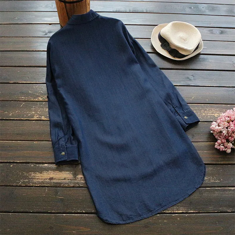 nest style Women Lapel Neck Long Sleeve Buttons Down Denim Shirt Ladies Casual Solid Loose Pockets Asymmetric Long Shirt Tops Plus Size