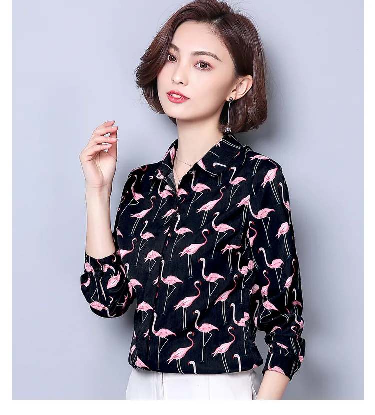 Feminino Novo Flamingo Imprimir Camisas Blusa De Mangas Compridas