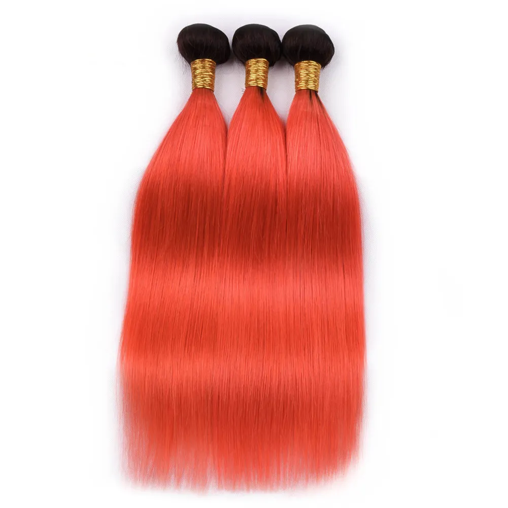 Ombre brasileiro pacote de cabelo humano orange ofertas com 4x4 lace closure reto de seda # 1b / orange ombre cabelo tece extensões com fechamento