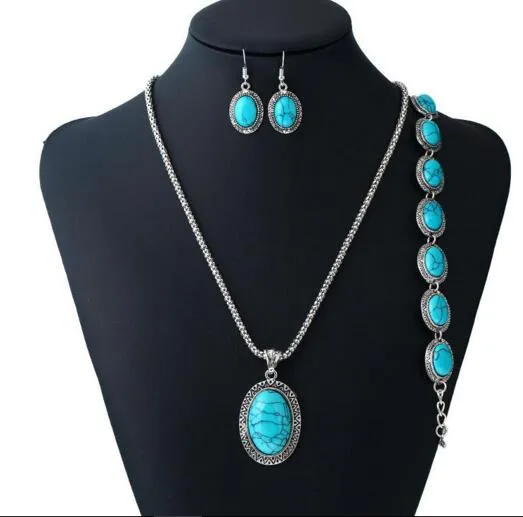 Mode-accessoires Vintage Sieraden Drie Stuks Set Oval Blue Turquoise Ketting Oorbellen Armband Set