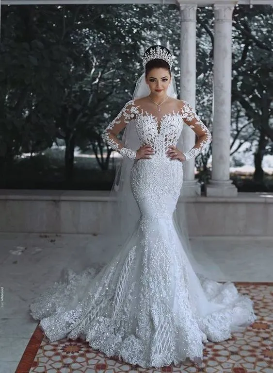 Long sleeve lace applique wedding dress outlet