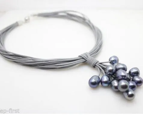 Ny grå läder naturlig svart sötvatten odlad pärla hängsmycke halsband 17.5 