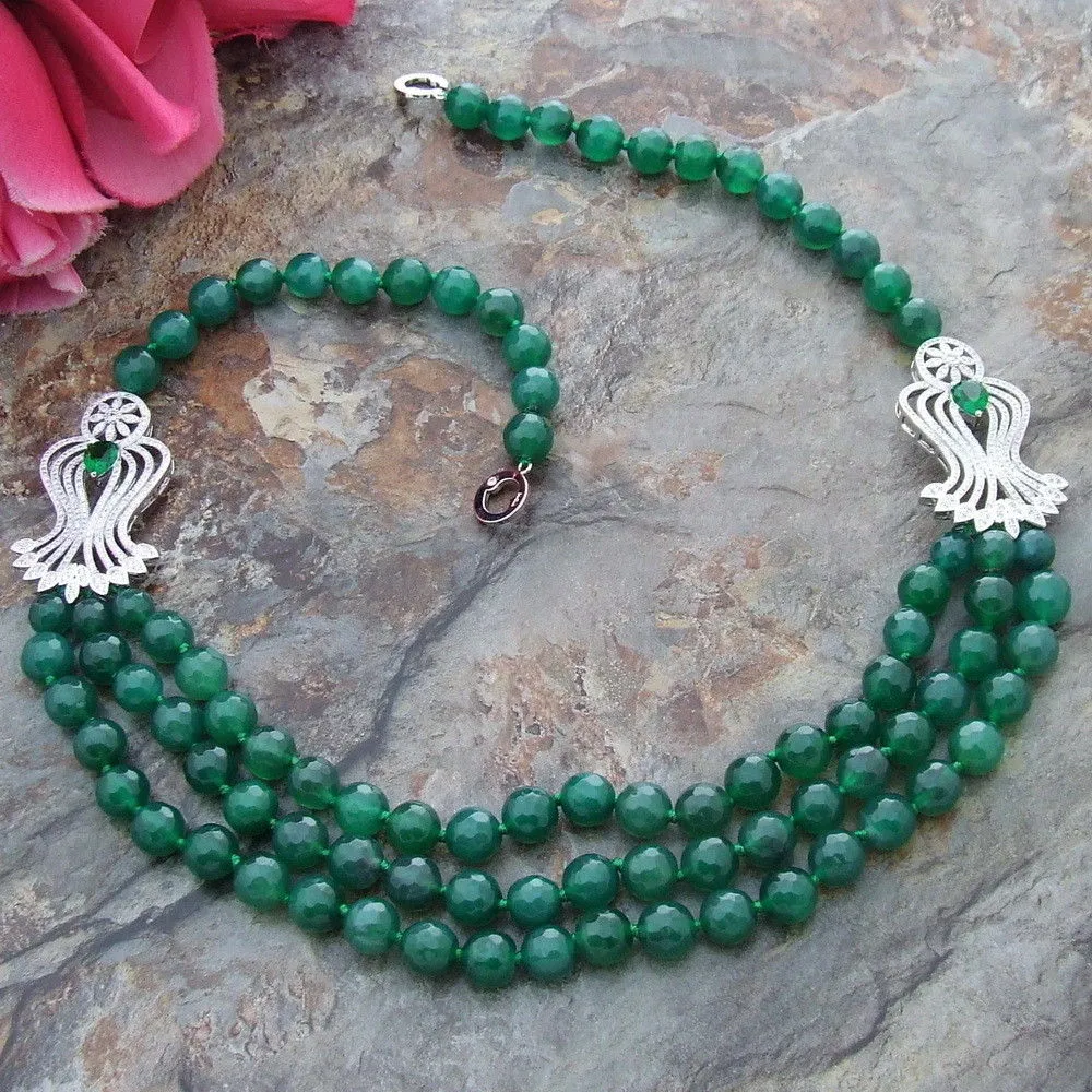 Collier pull fait à la main, 3 brins de jade vert, micro incrustation de zircon, accessoires, long 58-63 cm