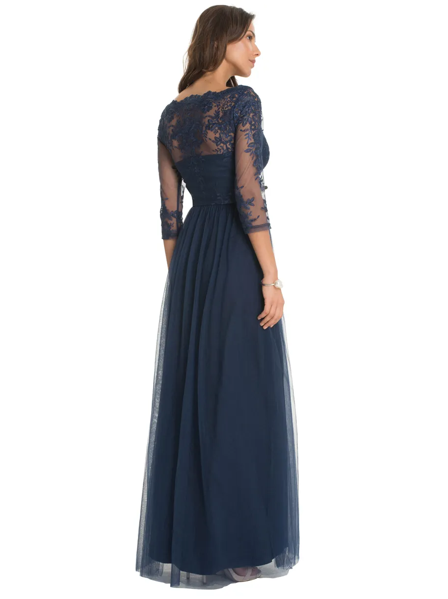 Floor Length Tulle blue Lace bridesmaid dress with Lace Scoop Neck and Sheer Seven Quarter Sleeves - Perfect for Formal Events and of the Bride