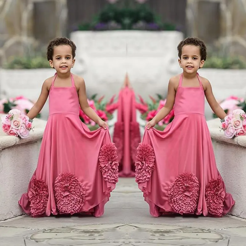 Hot Pink Halter Flower Girl Dresses For Wedding Simple Chiffon Ruffles Flowers Girls Pageant Gowns Cheap Custom Made Baby Girl Party Dress