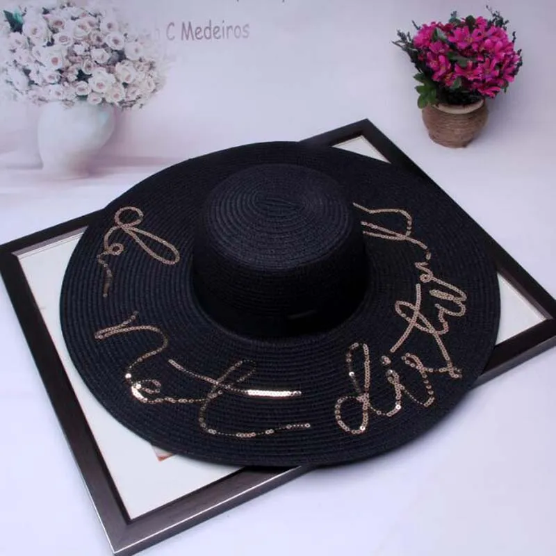 Women Foldable Floppy Letters Sequin Embroidery Straw Sun Hat Summer Wild Large Brim With Ribbon Trim Beach Cap UV Protection268n