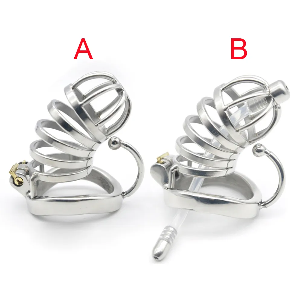 2 Styles Male Chastity Cage Devices Stainless Steel Cock Ring with Catheter Penis Lock Bondage Sex Toy For Men