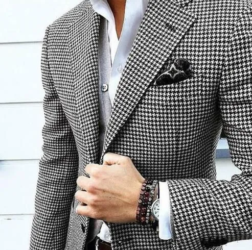Snygg Design Groom Tuxedos Två Knapp Houndstooth Notch Lapel Groomsmen Bästa Man Suit Mens Bröllopskläder (Jacka + Byxor + Tie) Nr 1028