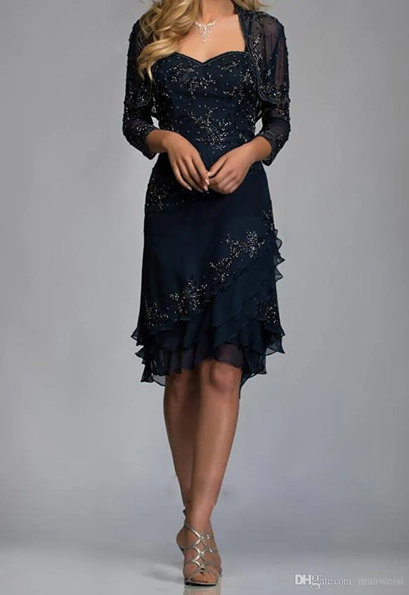 Dark Navy Mother of the Bride Dresses With Jacket billig spets bröllop gästklänning knä längd plus storlek mödrar formell slitage279t