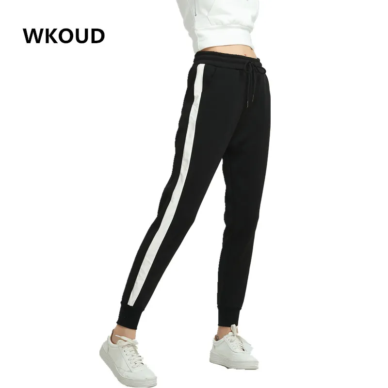 WKOUD femmes pantalons côté rayé pantalons de survêtement printemps cheville longueur lâche sarouel noir avec blanc femme tenue décontracté P8095