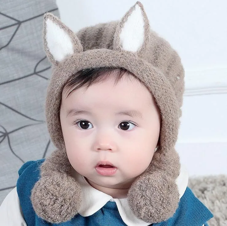 knit crochet winter kids hats wholesale toddler beanies cute boys girls headgear knit rabbit ear hat warm baby wool knit hats