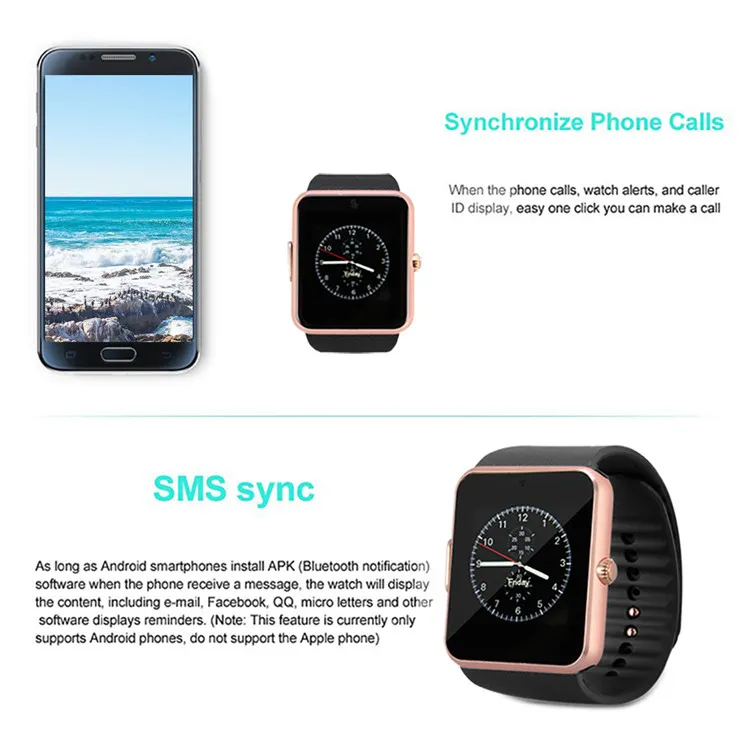 GT08 Smart Watch Bluetooth Smartwatches pour Smartphones Android Smartphones avec SIM Card Slot Slot NFC 144 pouces Screen Health W7131908