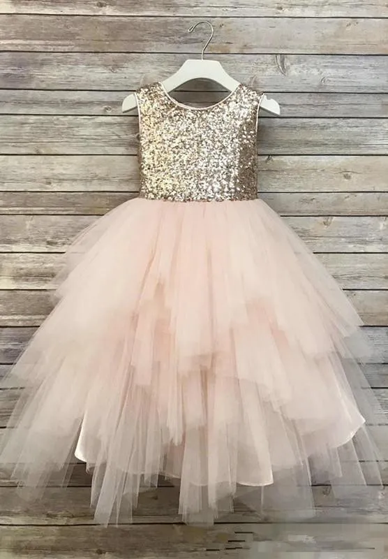 Champagne blush Ball Gown Flower Girl Dresses For Weddings Sequined Toddler Pageant Gowns Tulle Tea Length Tiered Kids Prom Dress2398699