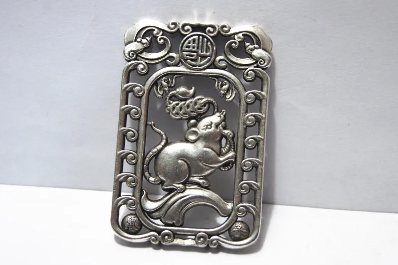 Retro vit brons 12 kinesisk zodiac Double-Faced Rat Lucky Word. Lucky Necklace Pendant.